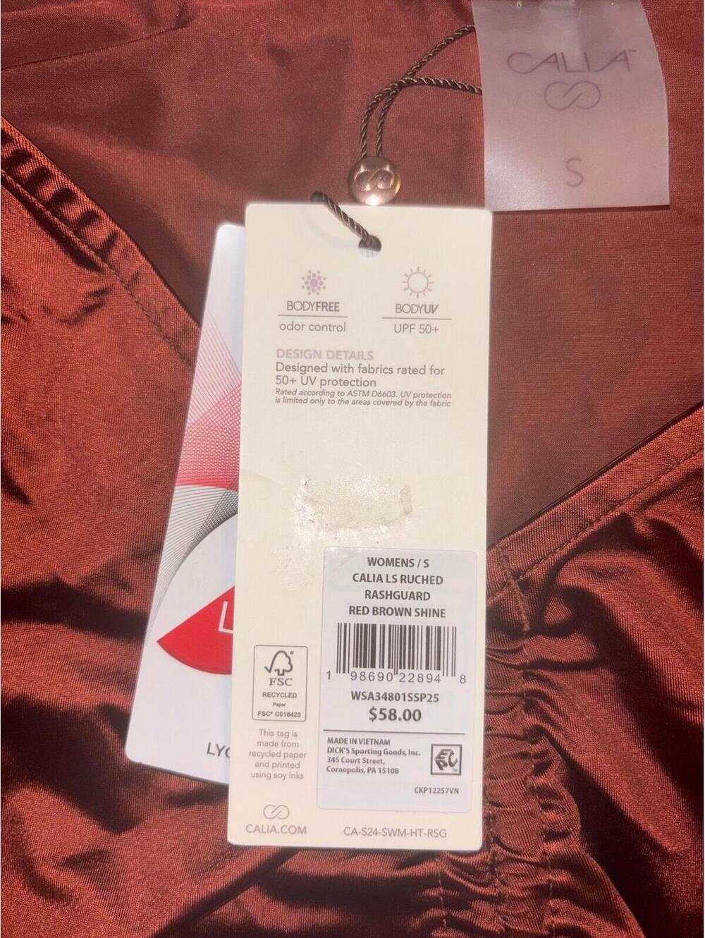 Calia Ruched Rashguard Top Womens Small Red Brown Shine UPF 50+ NWT - Picture 3 of 5